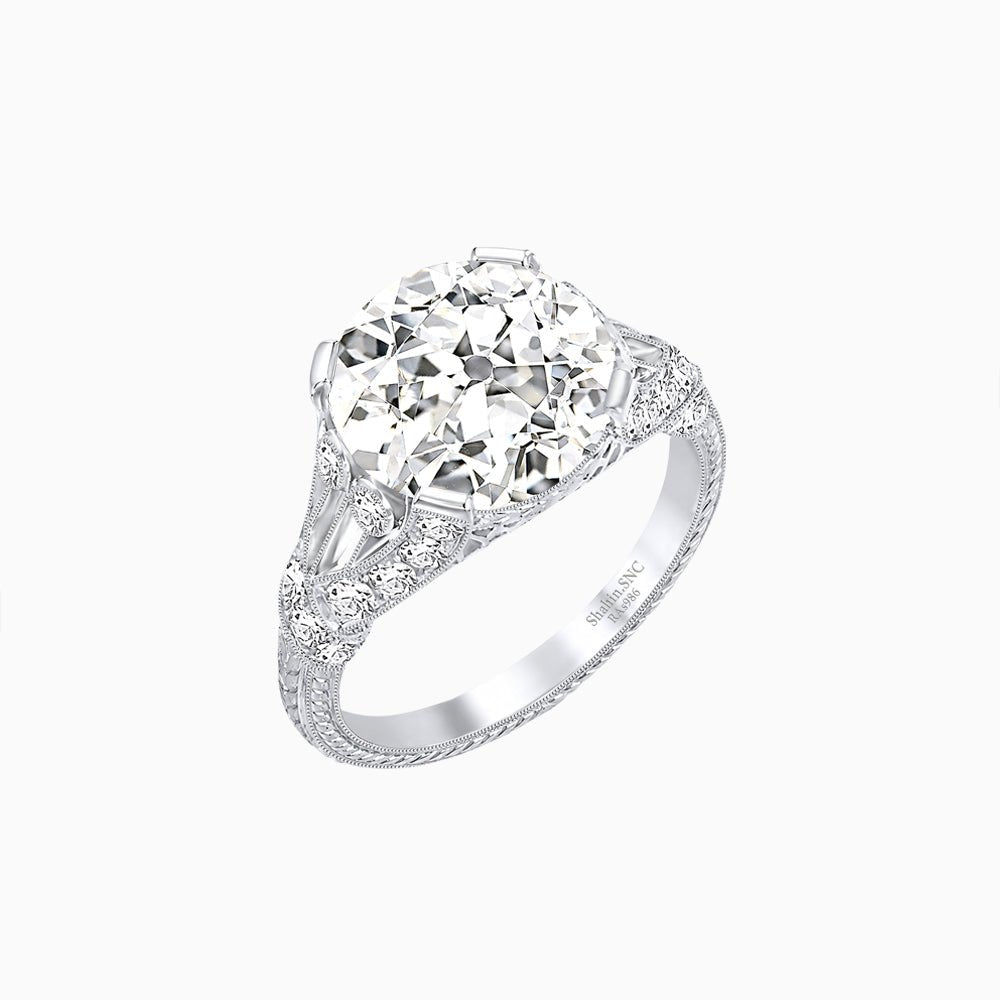 Vintage Inspired Round Cut Engagement Ring with Diamond Shoulders - Shahin Jewelry