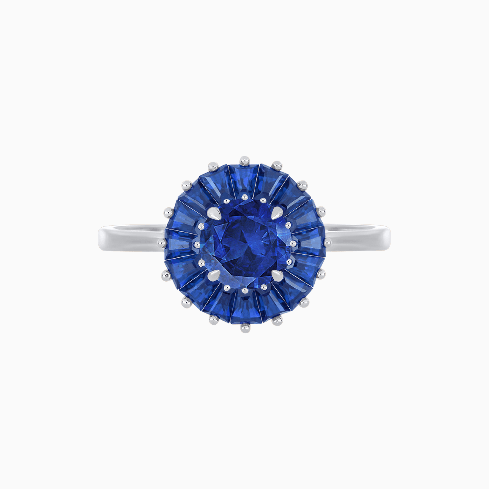 Vintage Inspired Round Cut Ring with Sunburst French - Cut Gemstone Halo - Shahin Jewelry