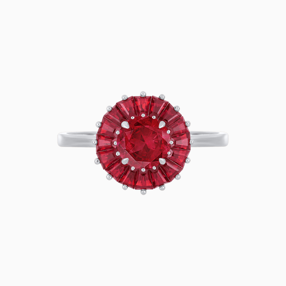 Vintage Inspired Round Cut Ring with Sunburst French - Cut Gemstone Halo - Shahin Jewelry