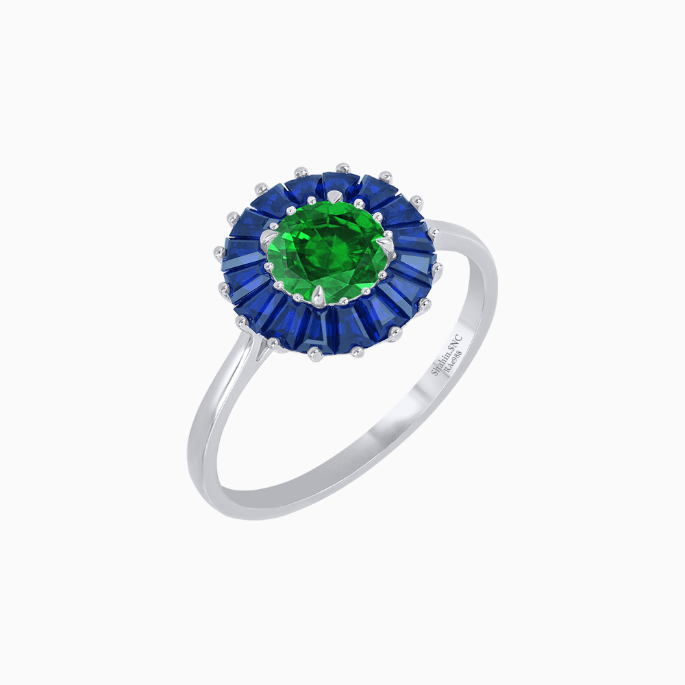 Vintage Inspired Round Cut Ring with Sunburst French - Cut Gemstone Halo - Shahin Jewelry