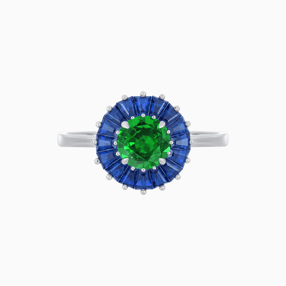 Vintage Inspired Round Cut Ring with Sunburst French - Cut Gemstone Halo - Shahin Jewelry