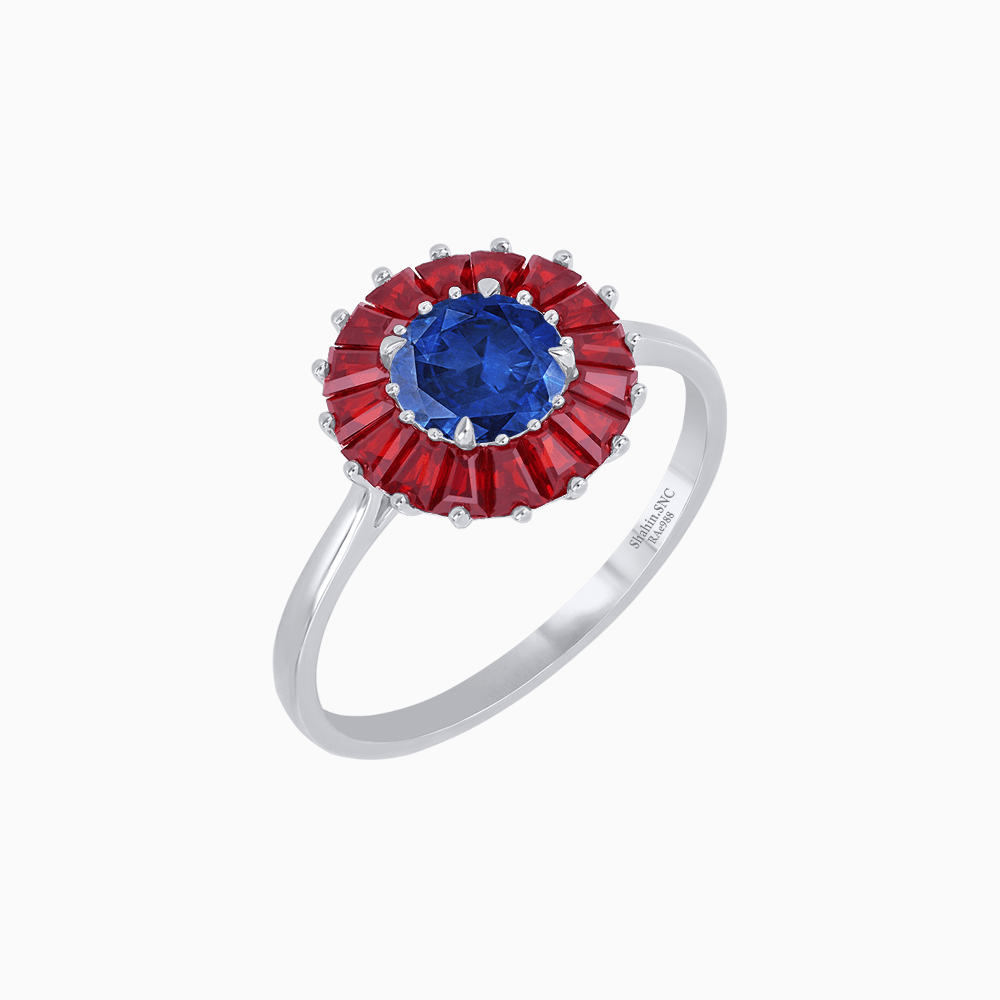 Vintage Inspired Round Cut Ring with Sunburst French - Cut Gemstone Halo - Shahin Jewelry
