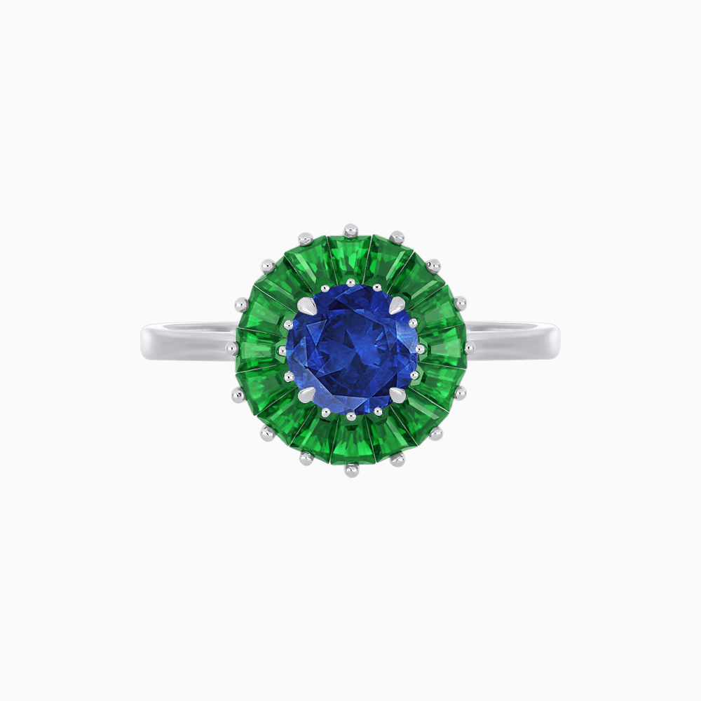 Vintage Inspired Round Cut Ring with Sunburst French - Cut Gemstone Halo - Shahin Jewelry