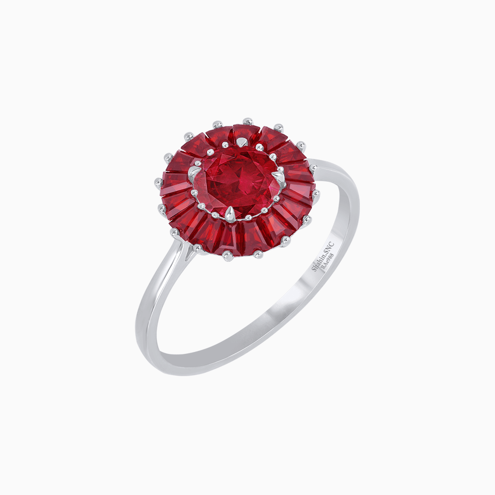 Vintage Inspired Round Cut Ring with Sunburst French - Cut Gemstone Halo - Shahin Jewelry
