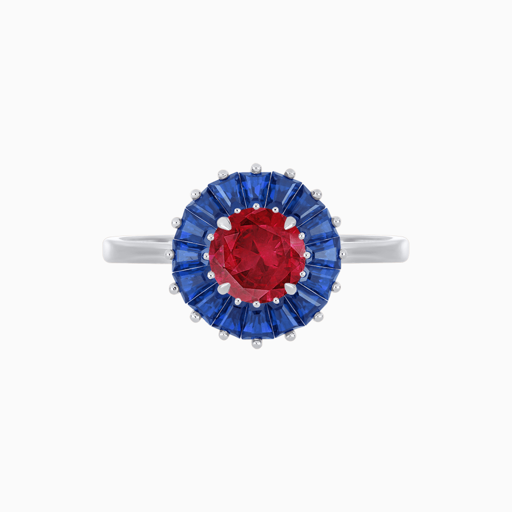 Vintage Inspired Round Cut Ring with Sunburst French - Cut Gemstone Halo - Shahin Jewelry