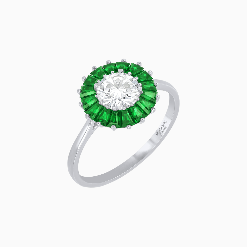 Vintage Inspired Round Cut Ring with Sunburst French - Cut Gemstone Halo - Shahin Jewelry