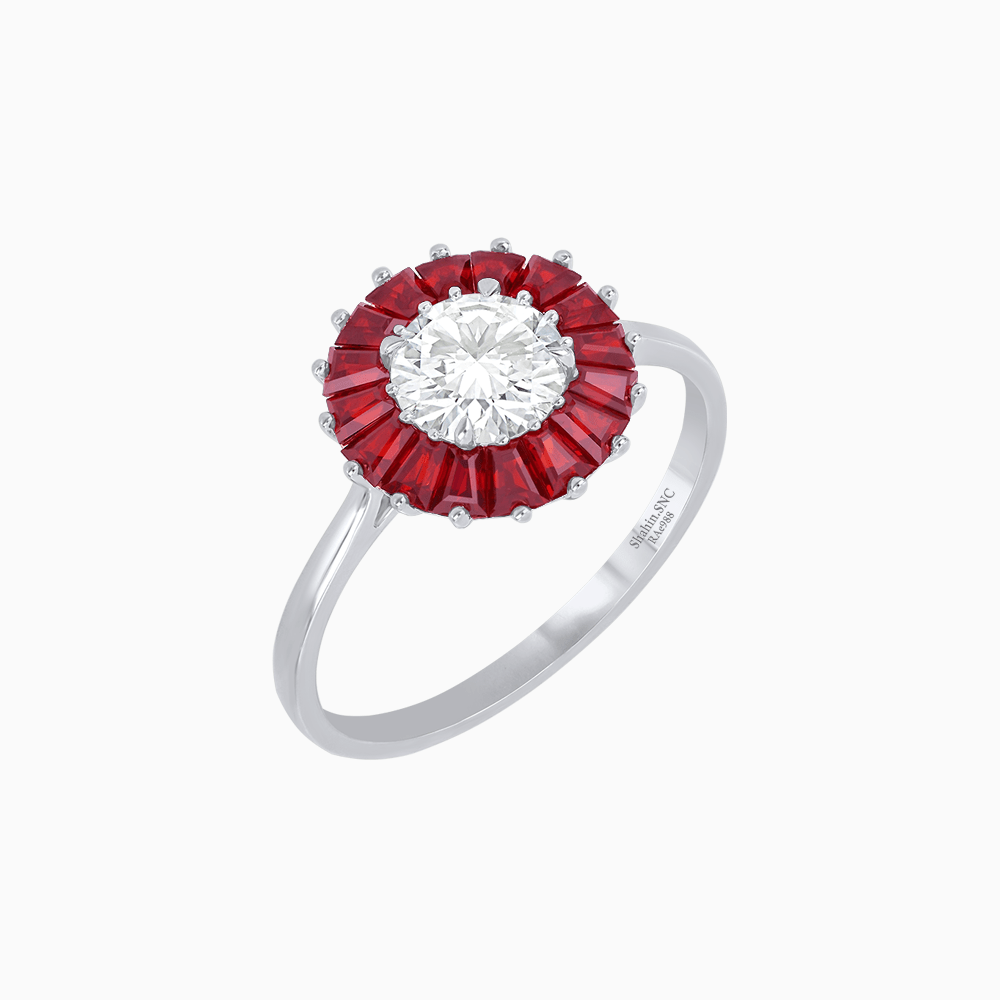 Vintage Inspired Round Cut Ring with Sunburst French - Cut Gemstone Halo - Shahin Jewelry