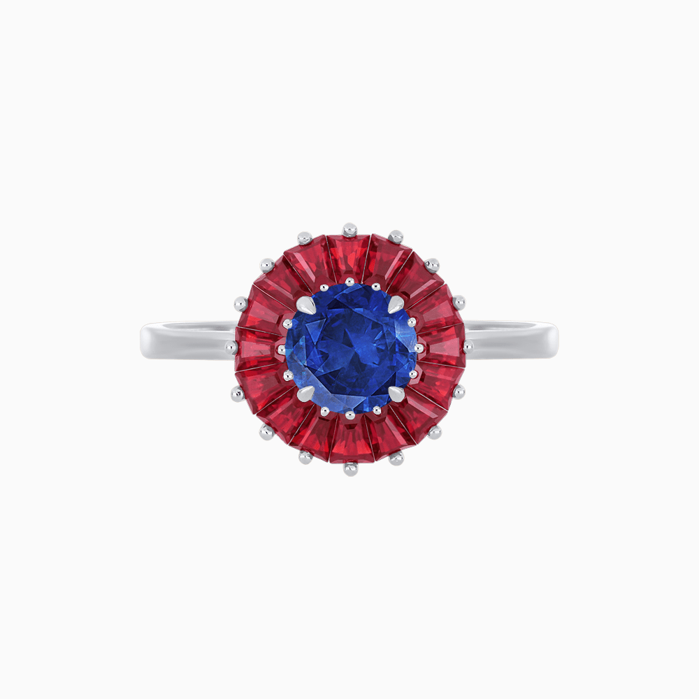 Vintage Inspired Round Cut Ring with Sunburst French - Cut Gemstone Halo - Shahin Jewelry