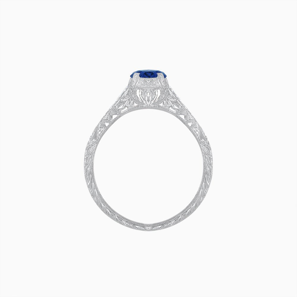 Vintage-Inspired Round Cut Ring with Tapered Diamond Accents and Hand-Engraved Details - Shahin Jewelry