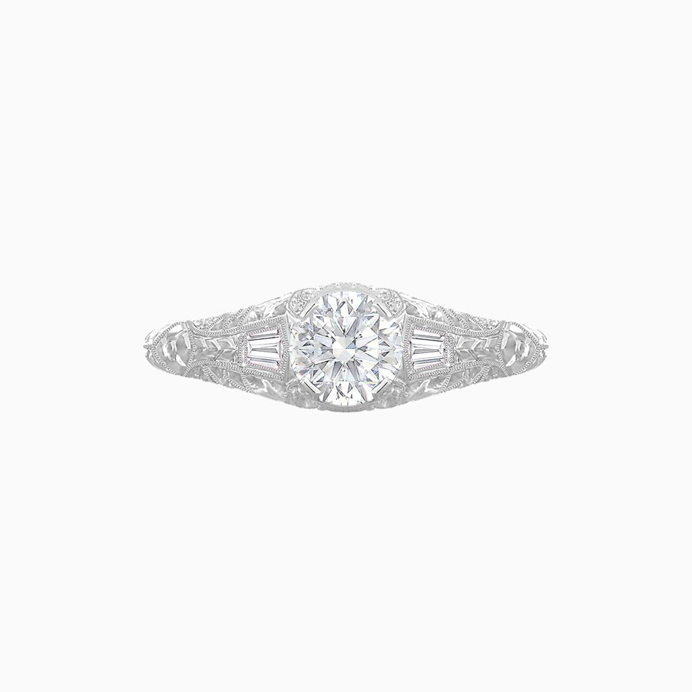 Vintage-Inspired Round Cut Ring with Tapered Diamond Accents and Hand-Engraved Details - Shahin Jewelry
