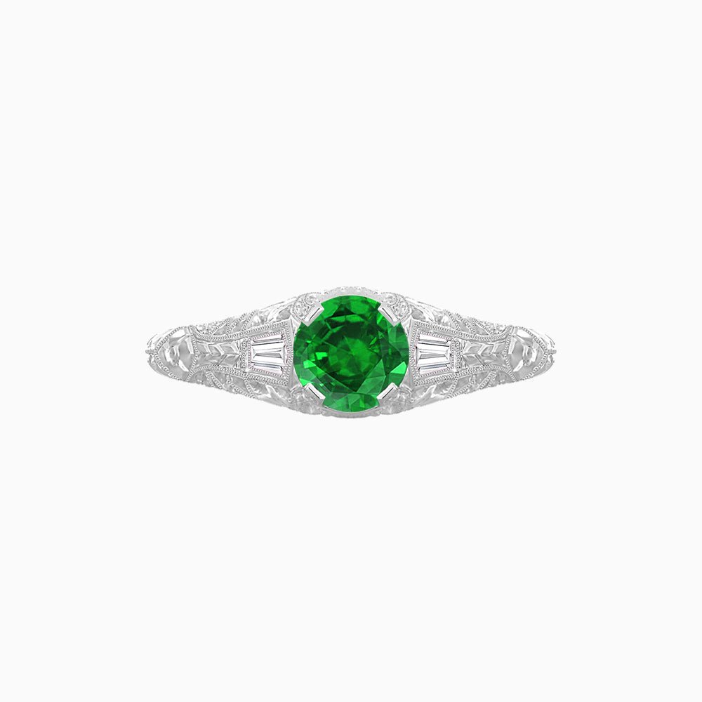 Vintage-Inspired Round Cut Ring with Tapered Diamond Accents and Hand-Engraved Details - Shahin Jewelry