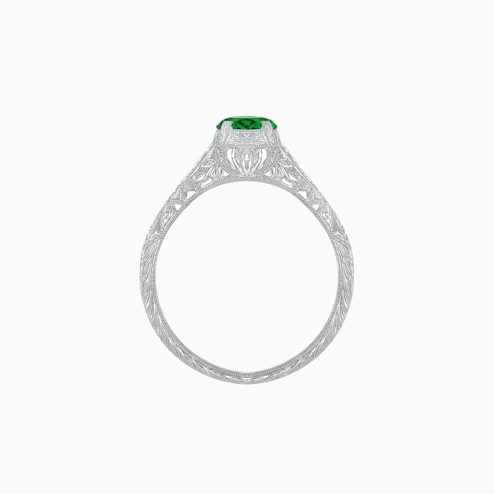 Vintage-Inspired Round Cut Ring with Tapered Diamond Accents and Hand-Engraved Details - Shahin Jewelry