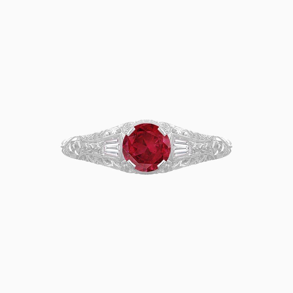 Vintage-Inspired Round Cut Ring with Tapered Diamond Accents and Hand-Engraved Details - Shahin Jewelry