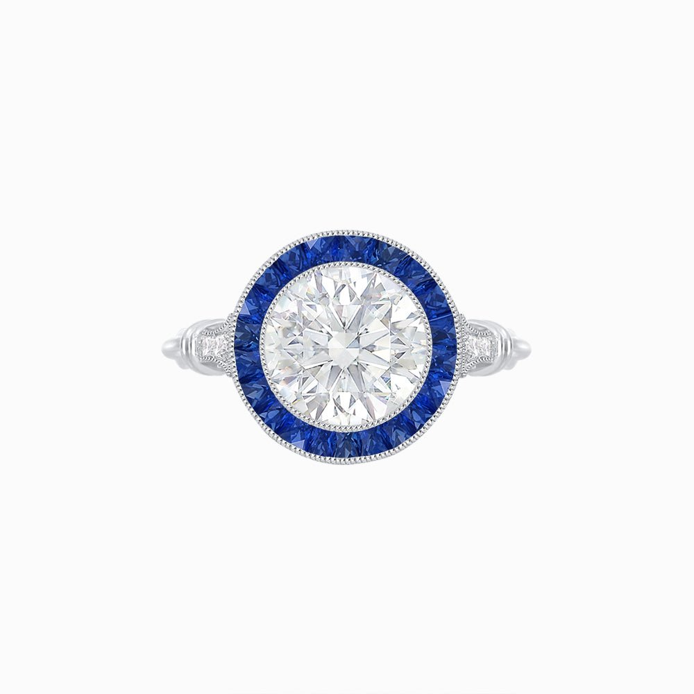 Vintage - Inspired Round Diamond and Blue Sapphire Halo Mounting in 18K White Gold (Mounting) - Shahin Jewelry