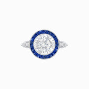 Vintage - Inspired Round Diamond and Blue Sapphire Halo Mounting in 18K White Gold (Mounting) - Shahin Jewelry