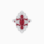 Load image into Gallery viewer, Vintage - Inspired Ruby &amp; Diamond Navette Ring with Enamel in 18K White Gold A Story in Scarlet and Sparkle - Shahin Jewelry
