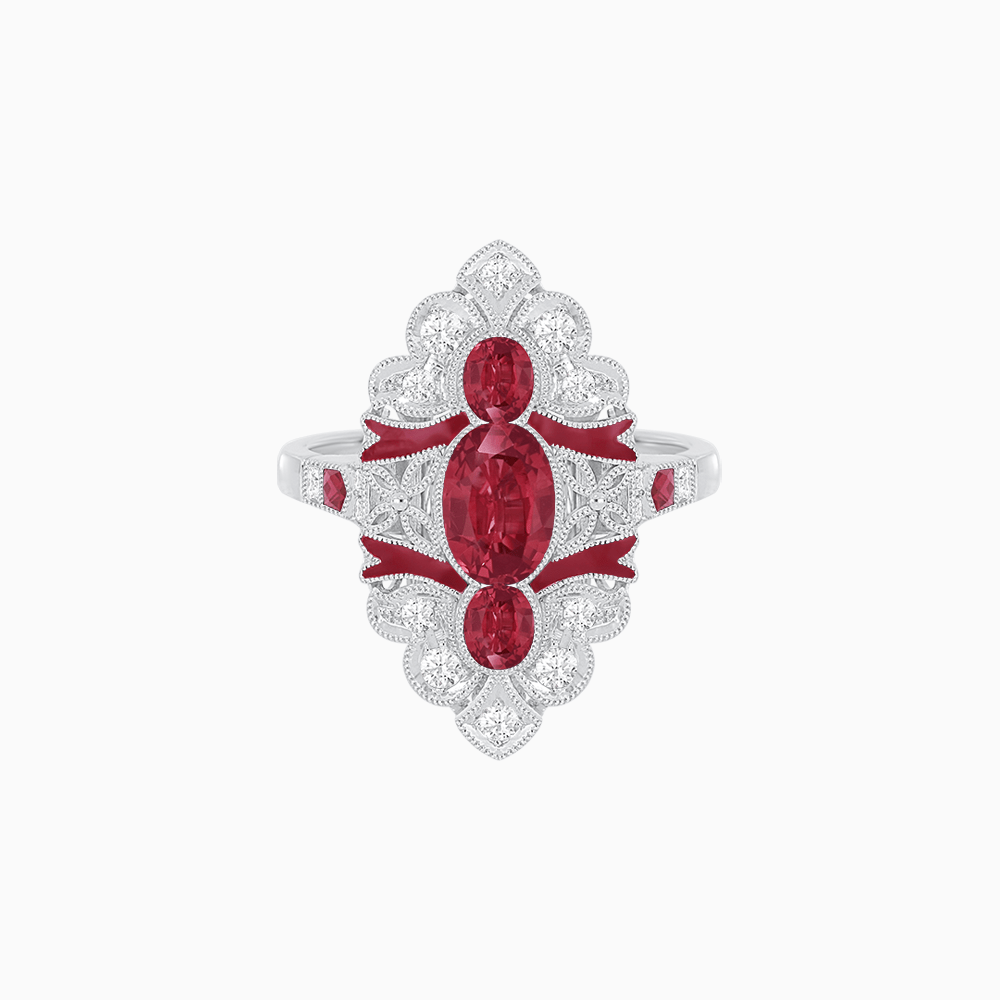 Vintage - Inspired Ruby & Diamond Navette Ring with Enamel in 18K White Gold A Story in Scarlet and Sparkle - Shahin Jewelry