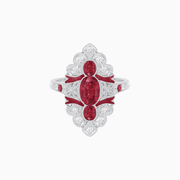 Vintage - Inspired Ruby & Diamond Navette Ring with Enamel in 18K White Gold A Story in Scarlet and Sparkle - Shahin Jewelry