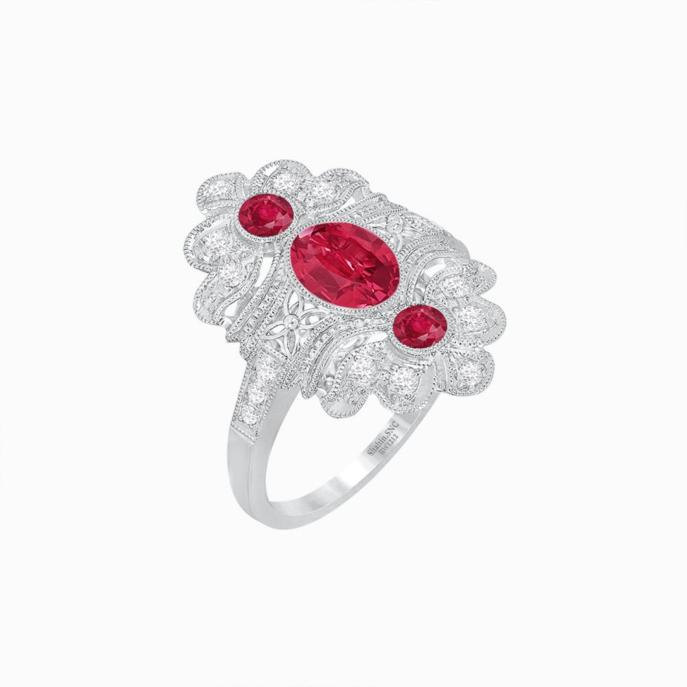 Vintage Inspired Three Stone Ruby & Diamond Navette Ring - Shahin Jewelry