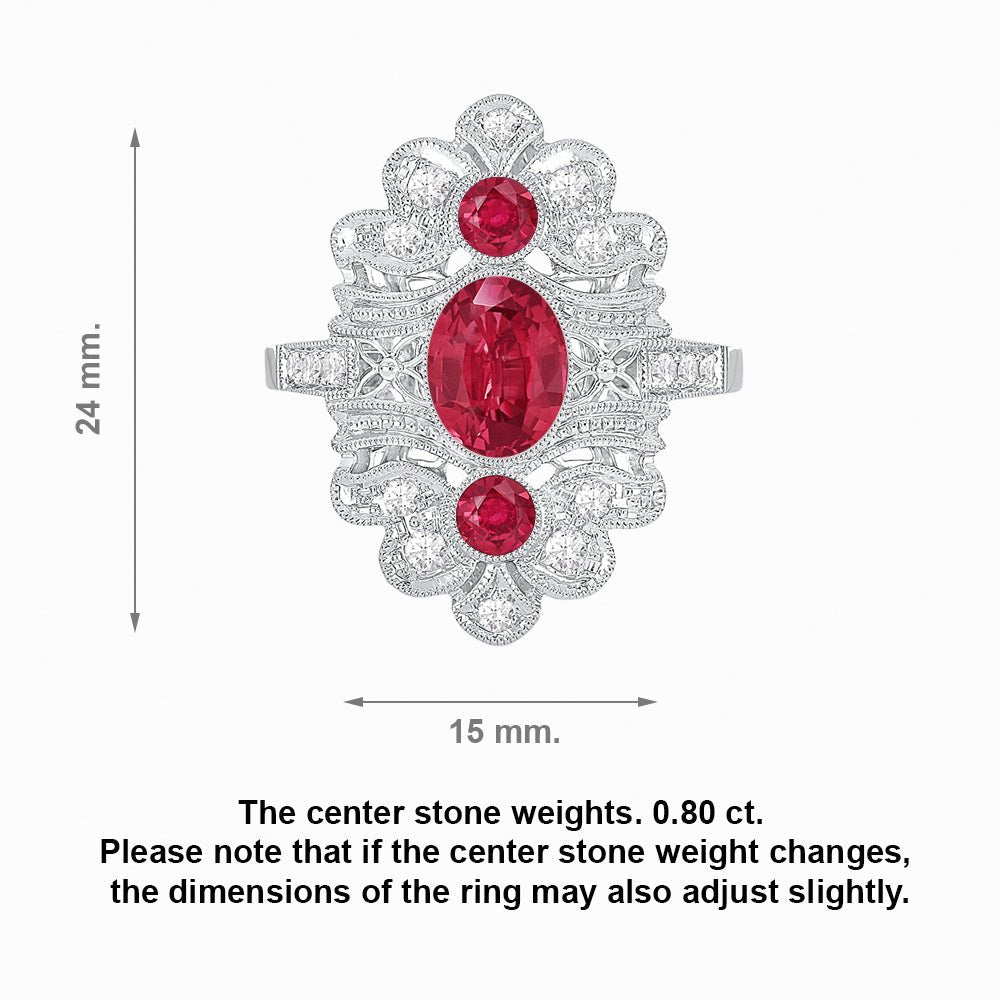 Vintage Inspired Three Stone Ruby & Diamond Navette Ring - Shahin Jewelry