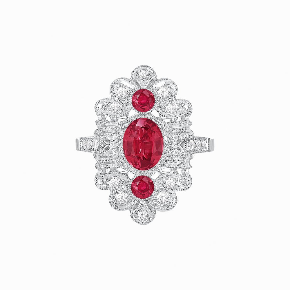 Vintage Inspired Three Stone Ruby & Diamond Navette Ring - Shahin Jewelry