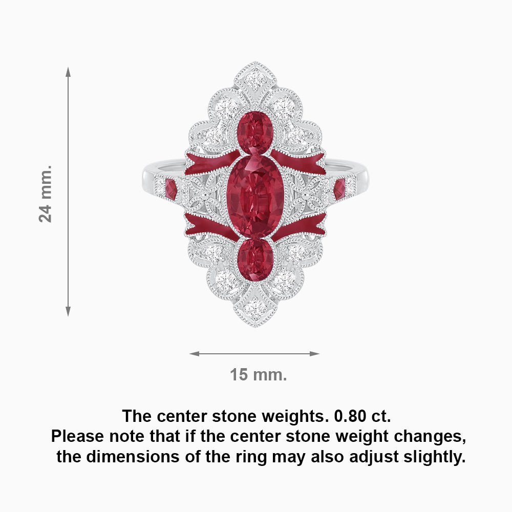 Vintage Inspired Three Stone Ruby & Diamond Navette Ring with enamel - Shahin Jewelry