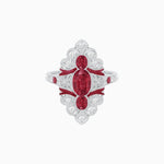 Load image into Gallery viewer, Vintage Inspired Three Stone Ruby &amp; Diamond Navette Ring with enamel - Shahin Jewelry
