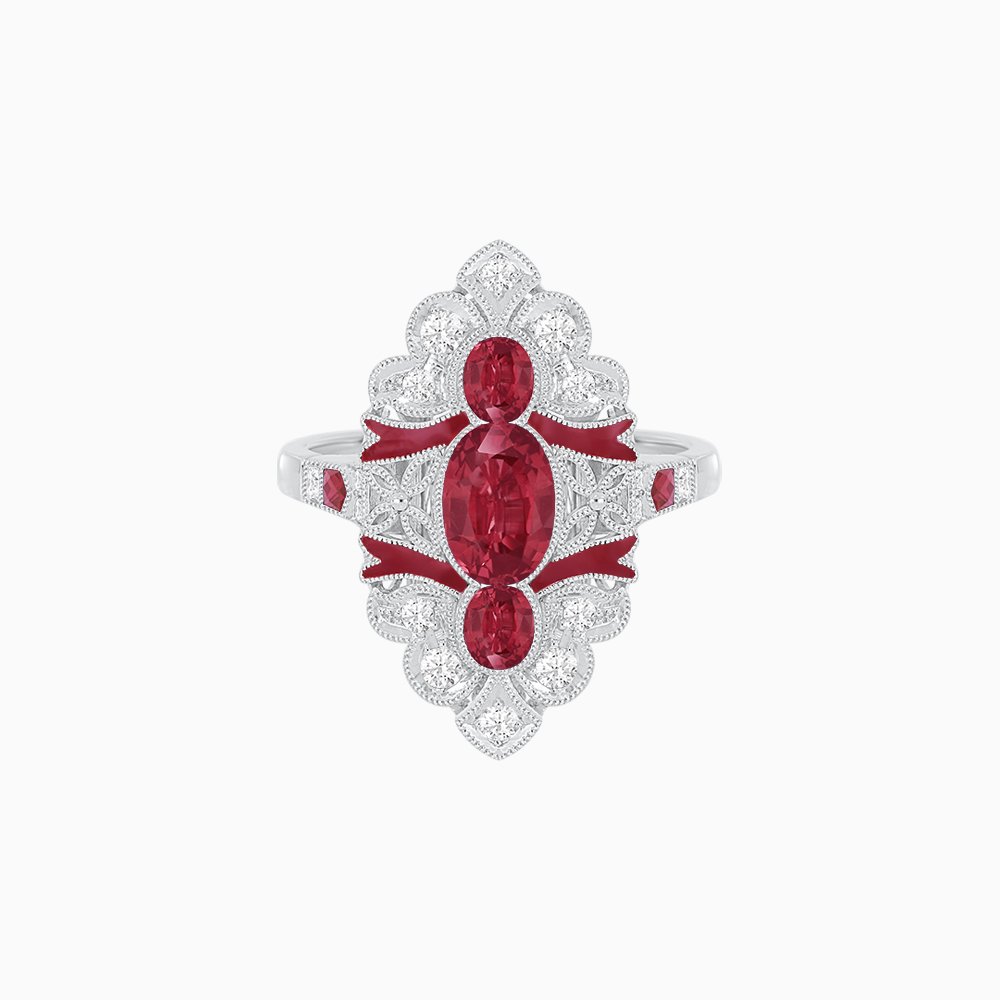 Vintage Inspired Three Stone Ruby & Diamond Navette Ring with enamel - Shahin Jewelry