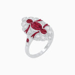 Load image into Gallery viewer, Vintage Inspired Three Stone Ruby &amp; Diamond Navette Ring with enamel - Shahin Jewelry
