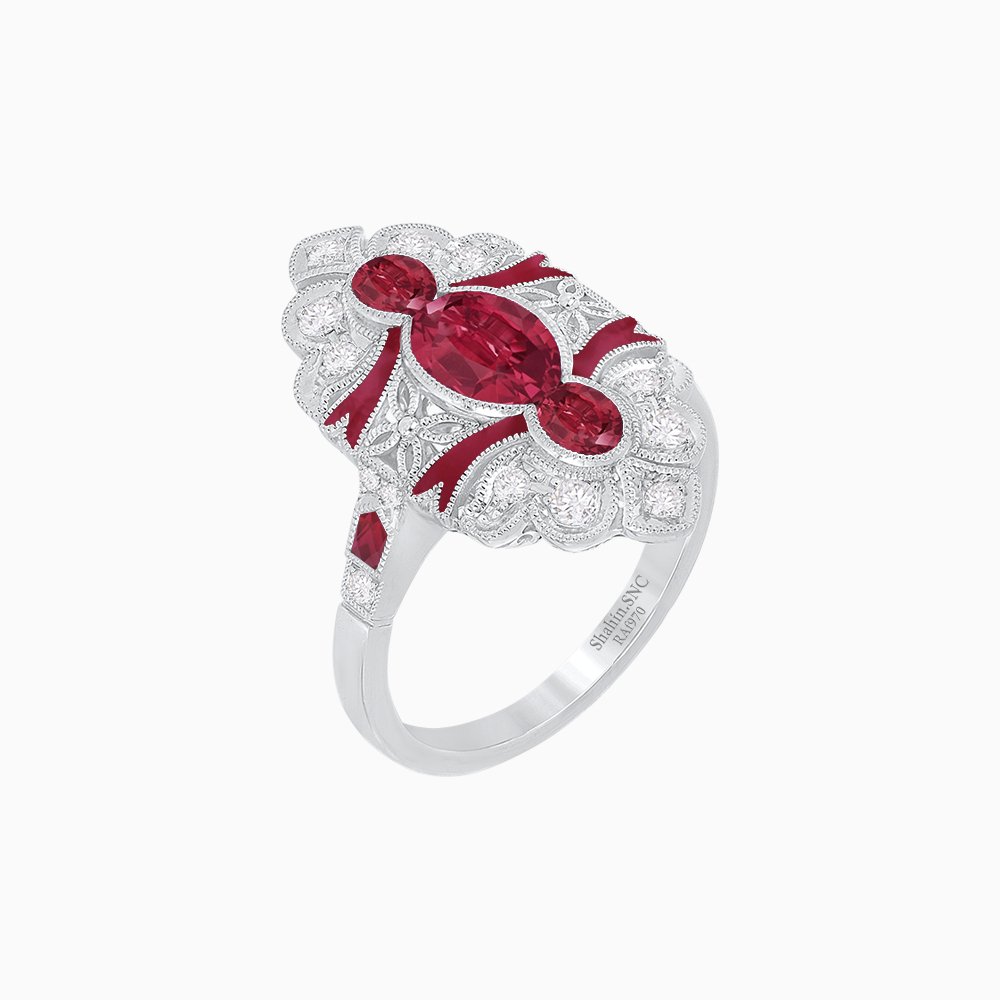 Vintage Inspired Three Stone Ruby & Diamond Navette Ring with enamel - Shahin Jewelry