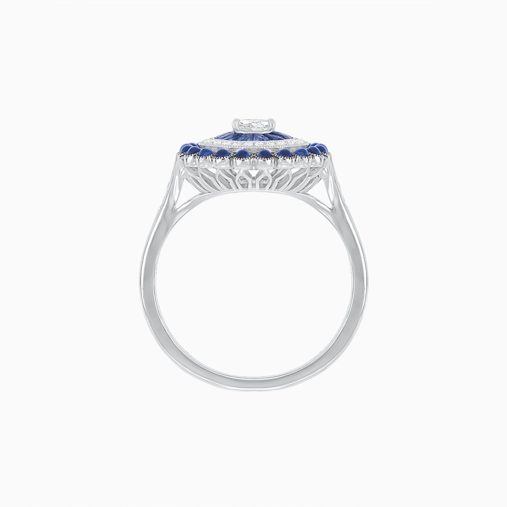 Vintage Inspired Triple Halo Pear - Shaped Ring with Customizable French - Cut and Cabochon Gemstones - Shahin Jewelry