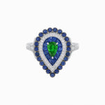 Load image into Gallery viewer, Vintage Inspired Triple Halo Pear-Shaped Ring with Customizable French-Cut and Cabochon Gemstones - Shahin Jewelry