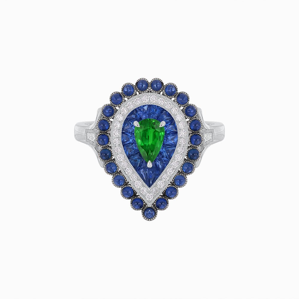 Vintage Inspired Triple Halo Pear-Shaped Ring with Customizable French-Cut and Cabochon Gemstones - Shahin Jewelry