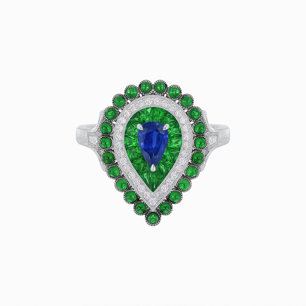 Vintage Inspired Triple Halo Pear-Shaped Ring with Customizable French-Cut and Cabochon Gemstones - Shahin Jewelry