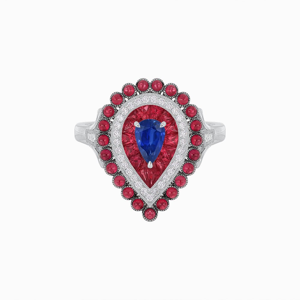 Vintage Inspired Triple Halo Pear-Shaped Ring with Customizable French-Cut and Cabochon Gemstones - Shahin Jewelry