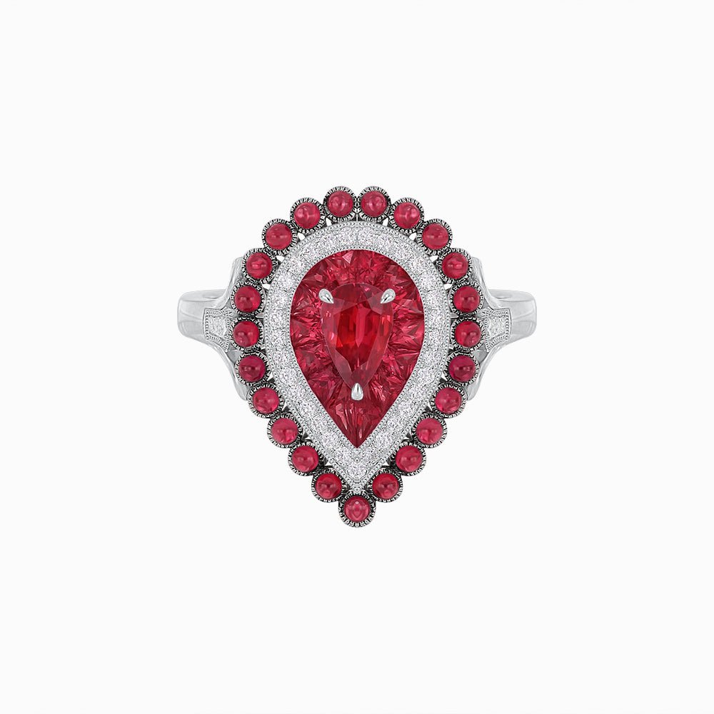 Vintage Inspired Triple Halo Pear-Shaped Ring with Customizable French-Cut and Cabochon Gemstones - Shahin Jewelry