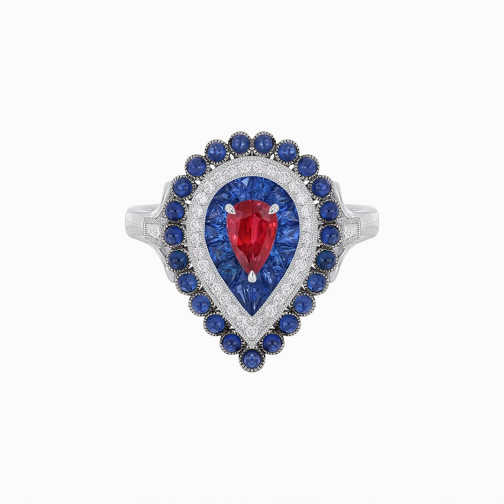 Vintage Inspired Triple Halo Pear-Shaped Ring with Customizable French-Cut and Cabochon Gemstones - Shahin Jewelry