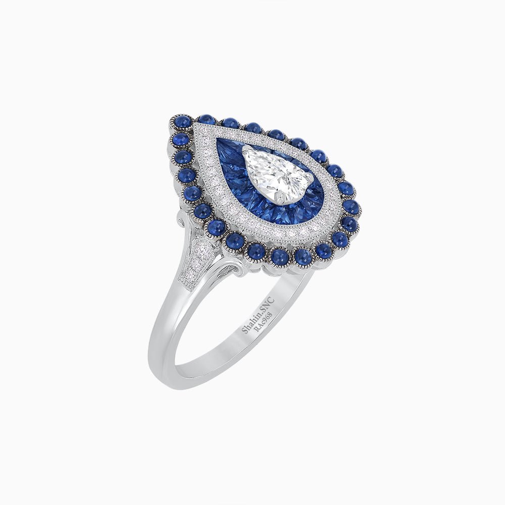 Vintage Inspired Triple Halo Pear - Shaped Ring with Customizable French - Cut and Cabochon Gemstones - Shahin Jewelry