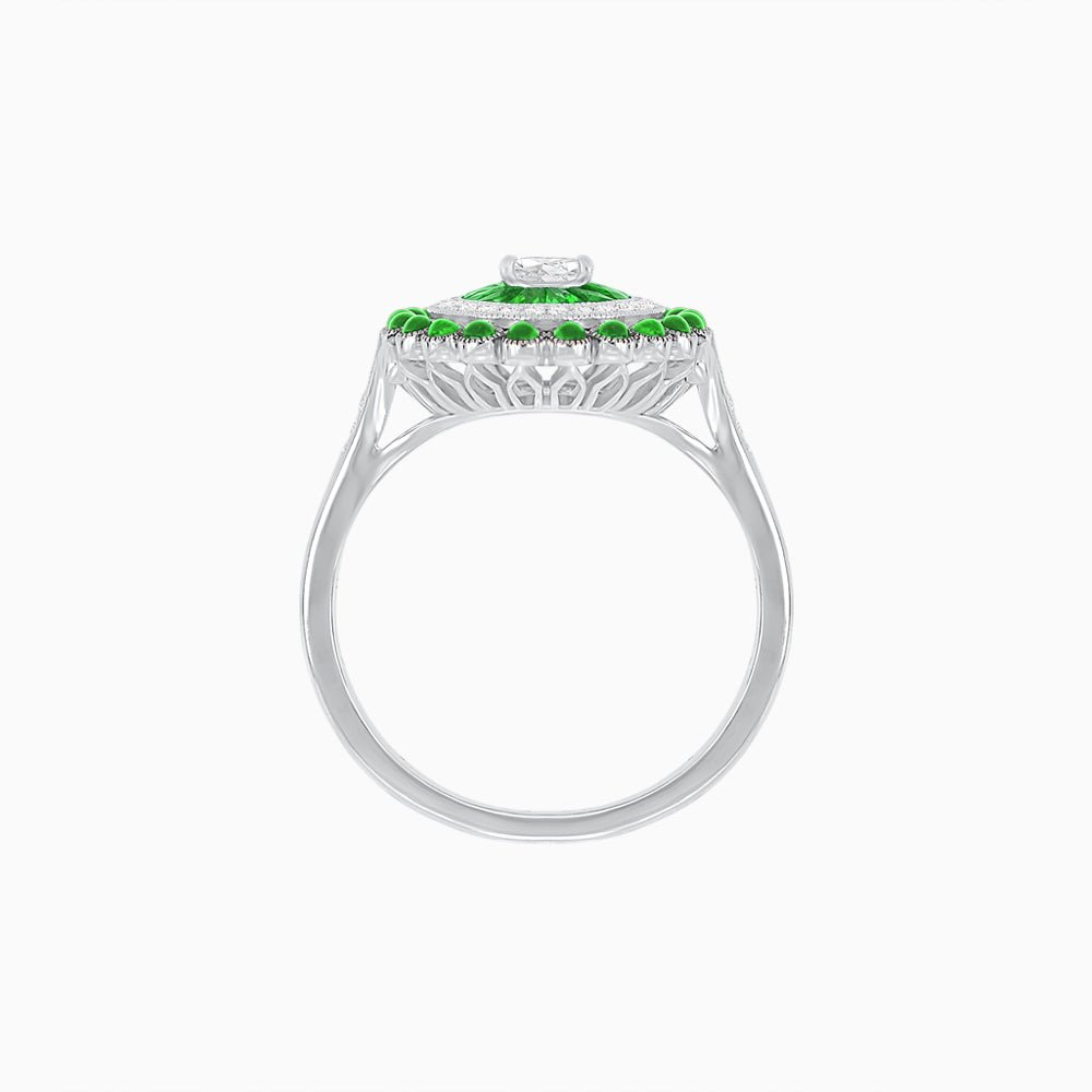 Vintage Inspired Triple Halo Pear - Shaped Ring with Customizable French - Cut and Cabochon Gemstones - Shahin Jewelry