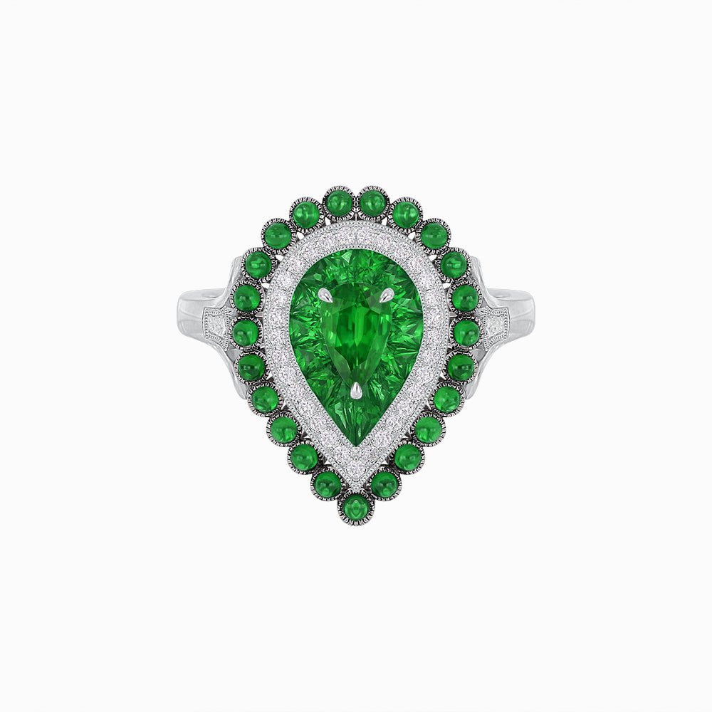Vintage Inspired Triple Halo Pear-Shaped Ring with Customizable French-Cut and Cabochon Gemstones - Shahin Jewelry