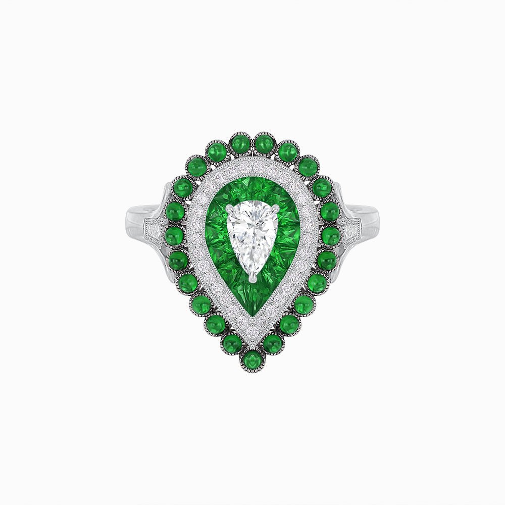 Vintage Inspired Triple Halo Pear - Shaped Ring with Customizable French - Cut and Cabochon Gemstones - Shahin Jewelry