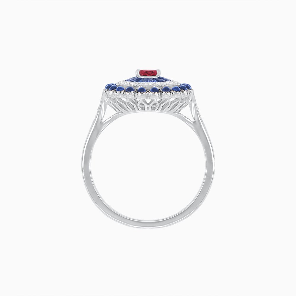 Vintage Inspired Triple Halo Pear-Shaped Ring with Customizable French-Cut and Cabochon Gemstones - Shahin Jewelry