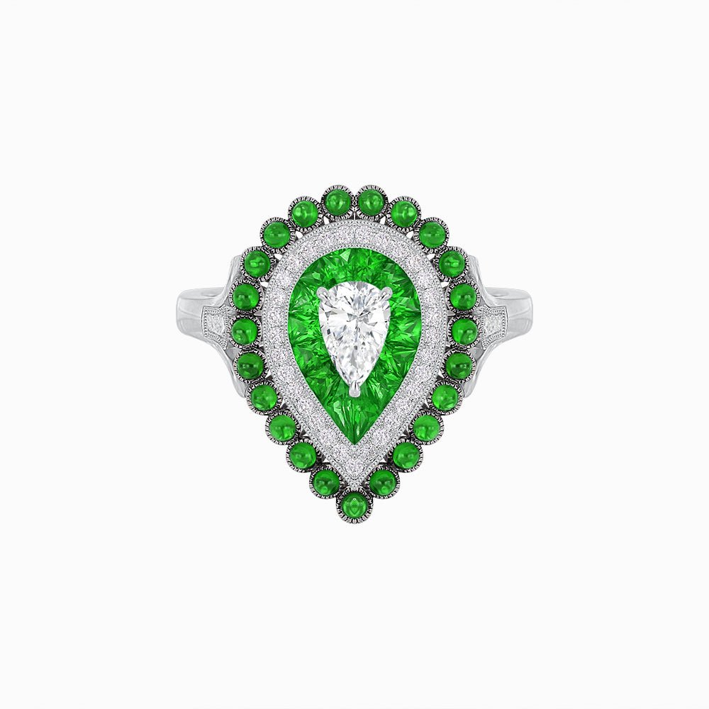 Vintage Inspired Triple Halo Pear - Shaped Ring with Customizable French - Cut and Cabochon Gemstones - Shahin Jewelry