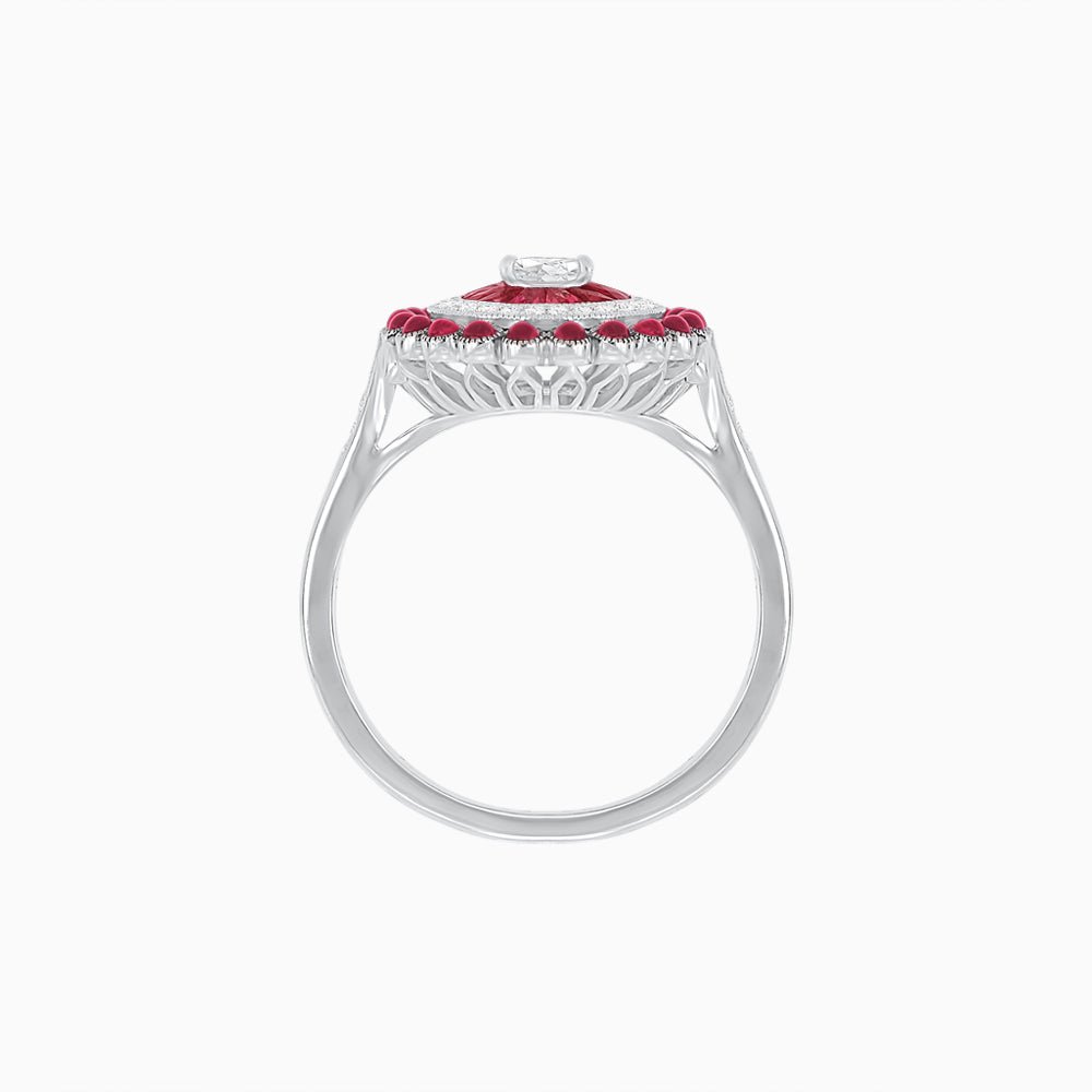 Vintage Inspired Triple Halo Pear - Shaped Ring with Customizable French - Cut and Cabochon Gemstones - Shahin Jewelry