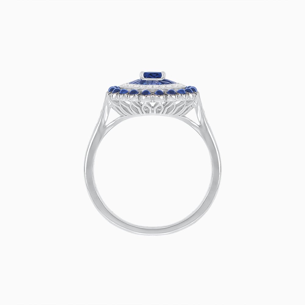 Vintage Inspired Triple Halo Pear-Shaped Ring with Customizable French-Cut and Cabochon Gemstones - Shahin Jewelry