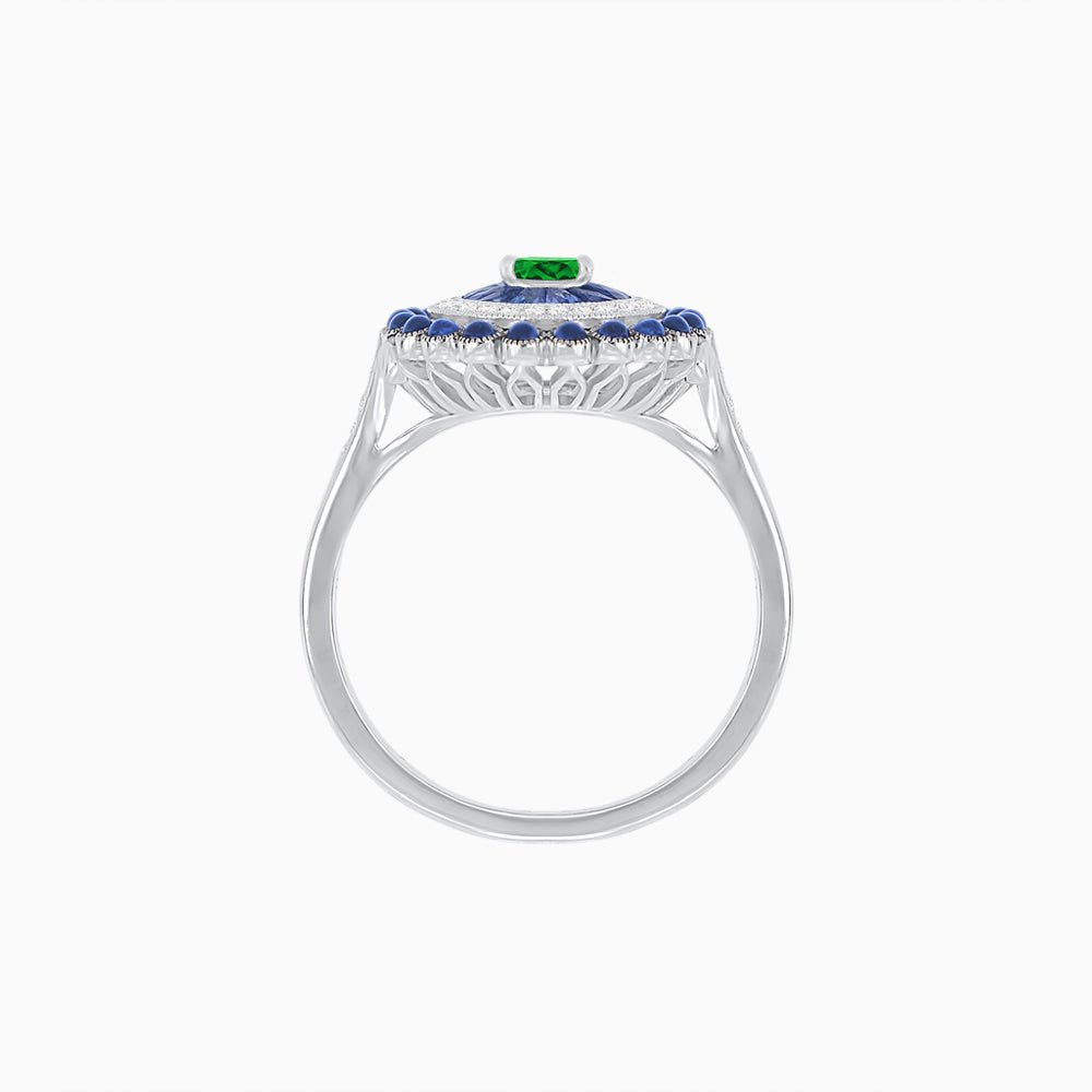 Vintage Inspired Triple Halo Pear-Shaped Ring with Customizable French-Cut and Cabochon Gemstones - Shahin Jewelry