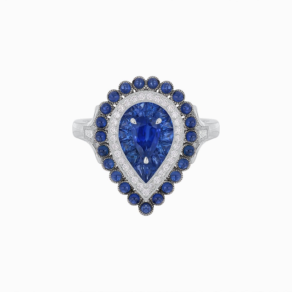 Vintage Inspired Triple Halo Pear-Shaped Ring with Customizable French-Cut and Cabochon Gemstones - Shahin Jewelry