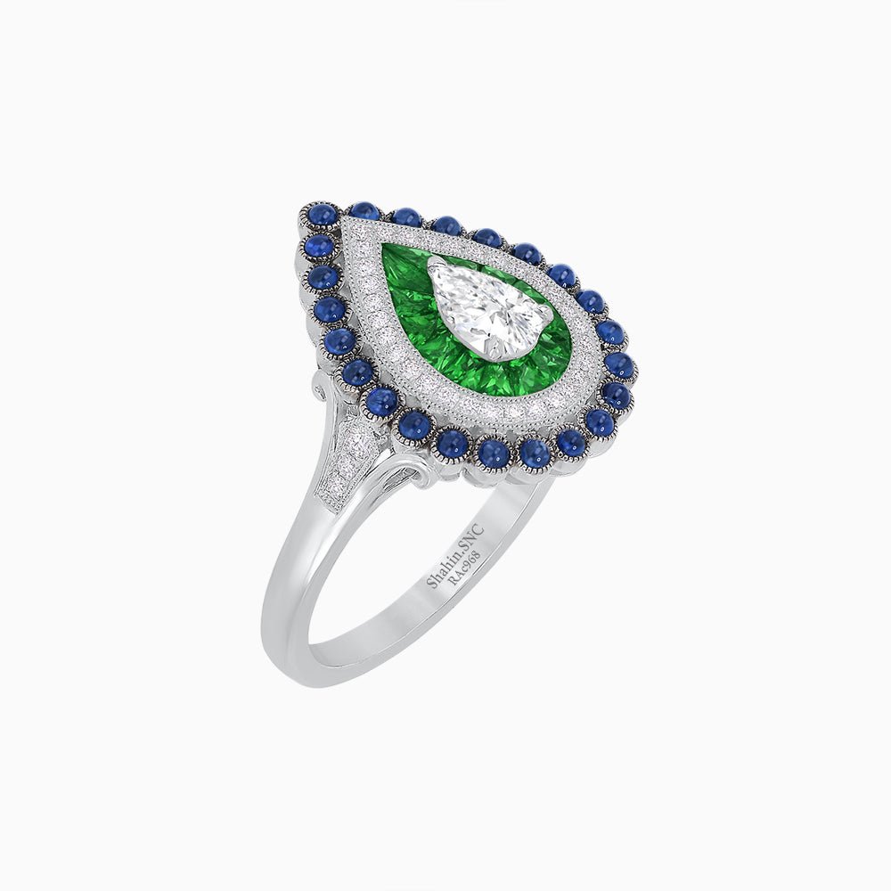 Vintage Inspired Triple Halo Pear - Shaped Ring with Customizable French - Cut and Cabochon Gemstones - Shahin Jewelry