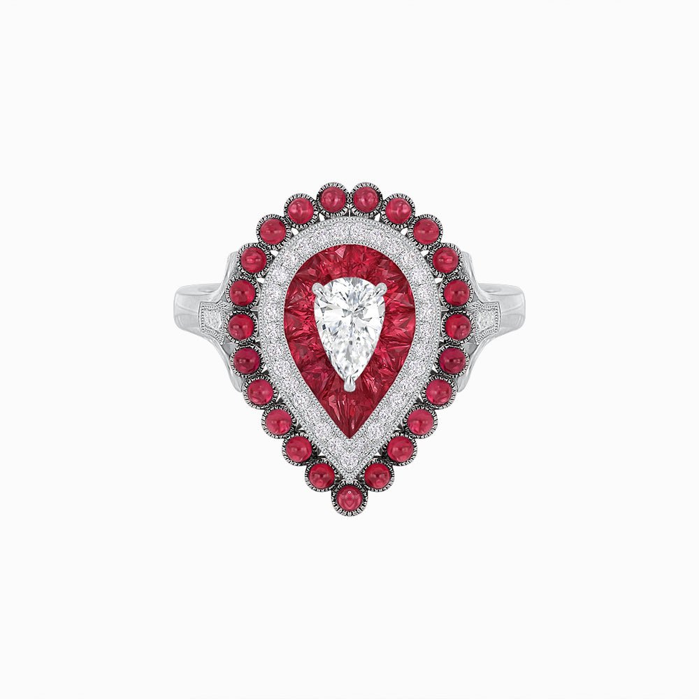 Vintage Inspired Triple Halo Pear - Shaped Ring with Customizable French - Cut and Cabochon Gemstones - Shahin Jewelry