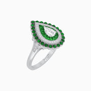 Vintage Inspired Triple Halo Pear - Shaped Ring with Customizable French - Cut and Cabochon Gemstones - Shahin Jewelry